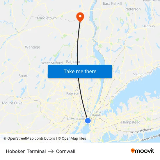 Hoboken Terminal to Cornwall map