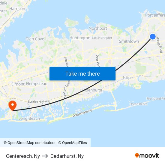 Centereach, Ny to Cedarhurst, Ny map