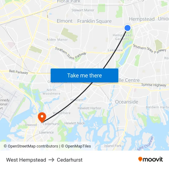 West Hempstead to Cedarhurst map