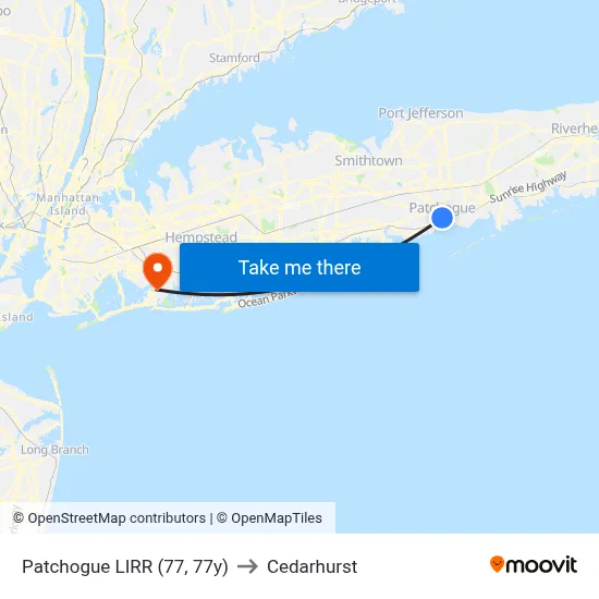 Patchogue LIRR (77, 77y) to Cedarhurst map