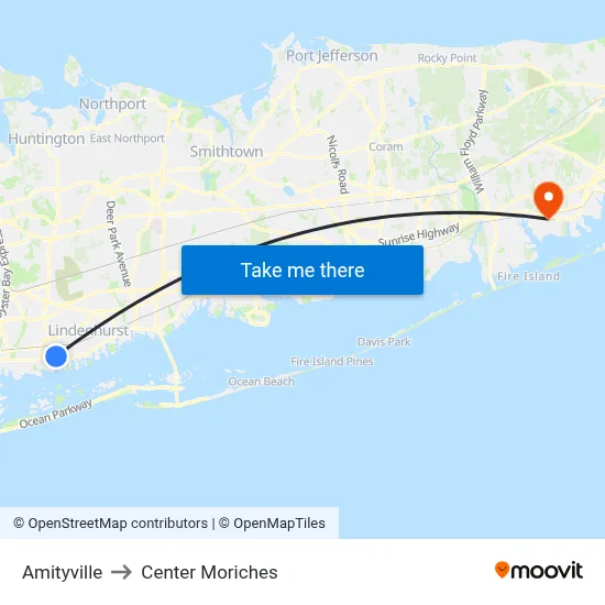 Amityville to Center Moriches map