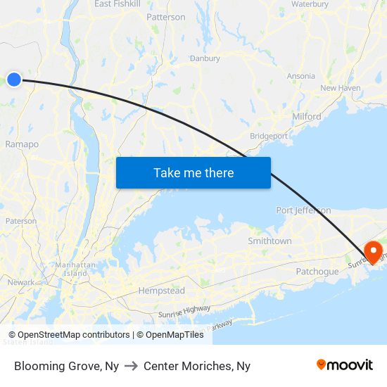 Blooming Grove, Ny to Center Moriches, Ny map