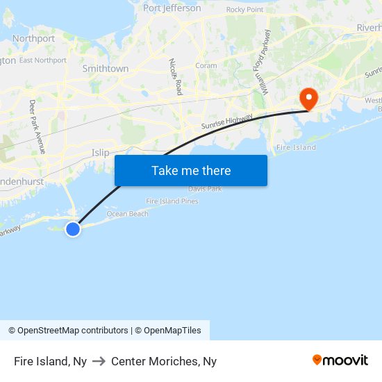 Fire Island, Ny to Center Moriches, Ny map