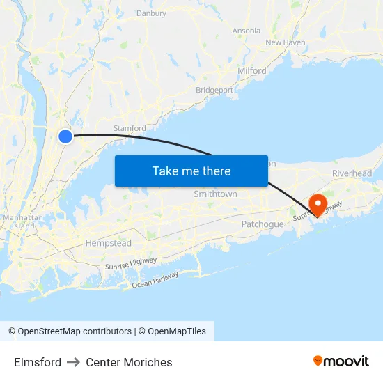 Elmsford to Center Moriches map