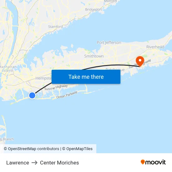 Lawrence to Center Moriches map