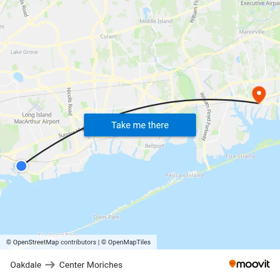 Oakdale to Center Moriches map