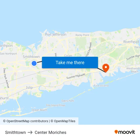 Smithtown to Center Moriches map