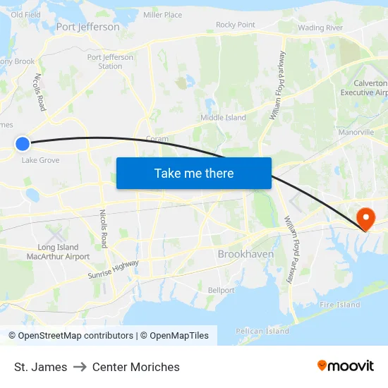 St. James to Center Moriches map