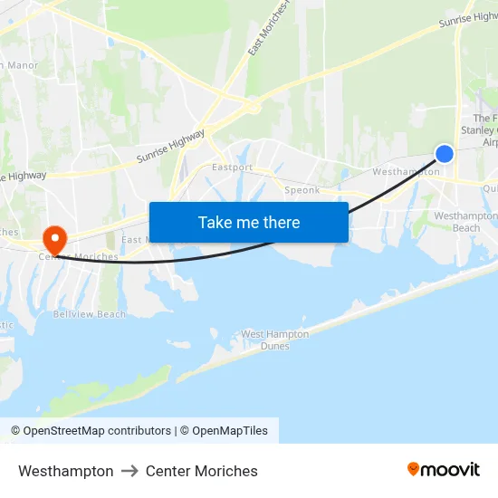 Westhampton to Center Moriches map
