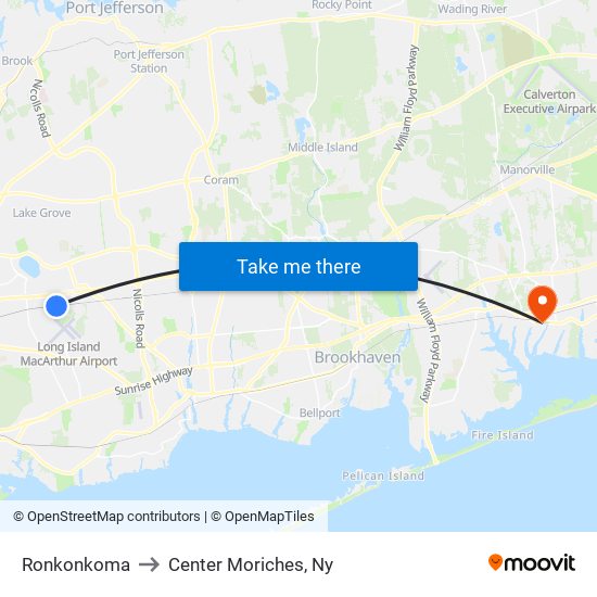 Ronkonkoma to Center Moriches, Ny map