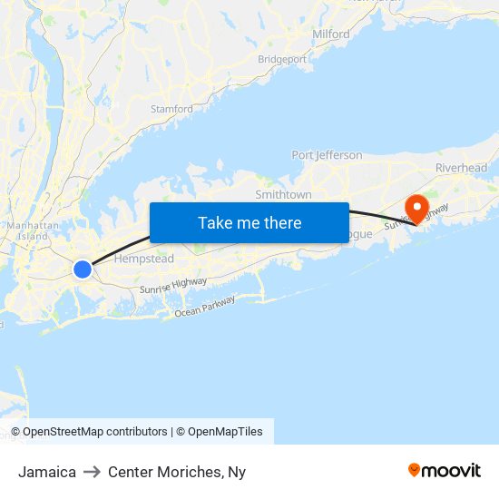 Jamaica to Center Moriches, Ny map