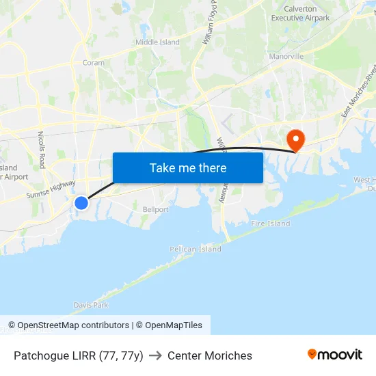 Patchogue LIRR (77, 77y) to Center Moriches map