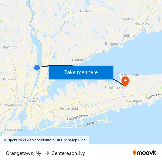 Orangetown, Ny to Centereach, Ny map