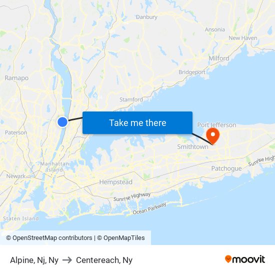 Alpine, Nj, Ny to Centereach, Ny map