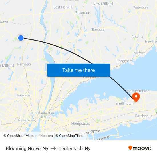 Blooming Grove, Ny to Centereach, Ny map