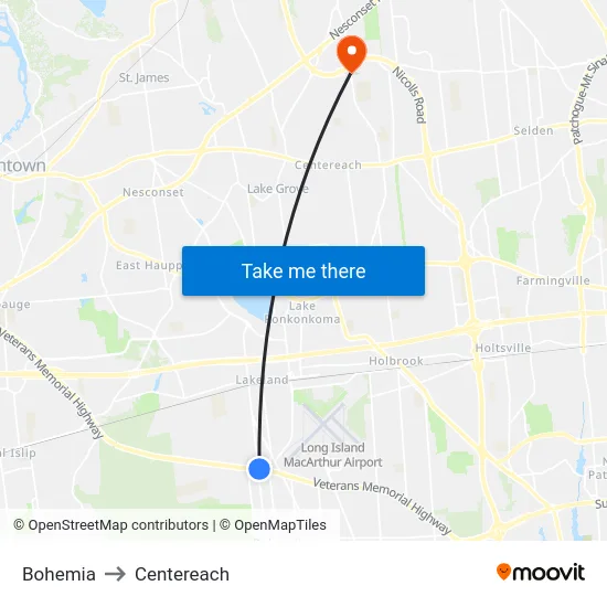 Bohemia to Centereach map