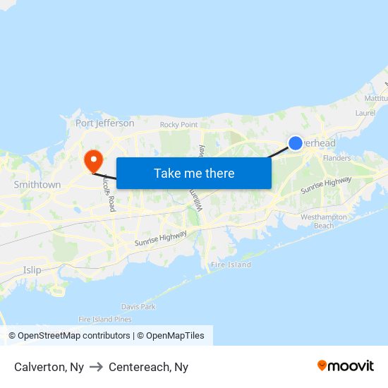 Calverton, Ny to Centereach, Ny map