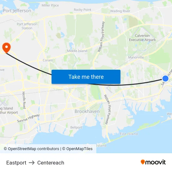 Eastport to Centereach map