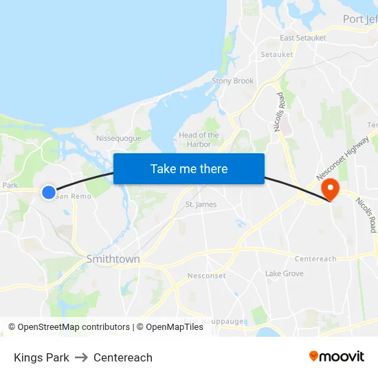 Kings Park to Centereach map