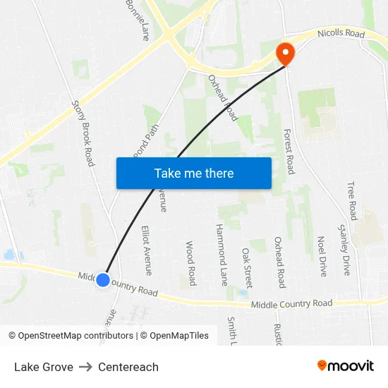 Lake Grove to Centereach map