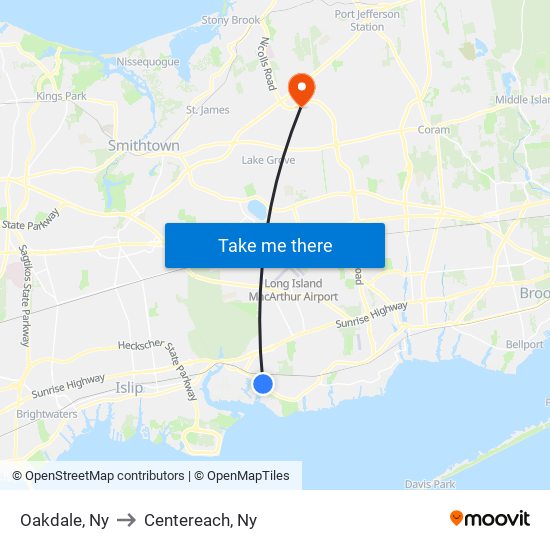 Oakdale, Ny to Centereach, Ny map