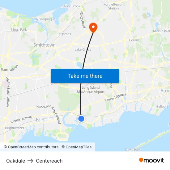Oakdale to Centereach map