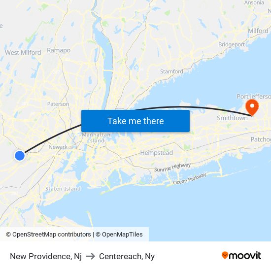 New Providence, Nj to Centereach, Ny map