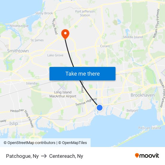 Patchogue, Ny to Centereach, Ny map