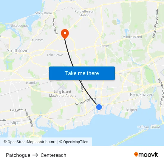 Patchogue to Centereach map