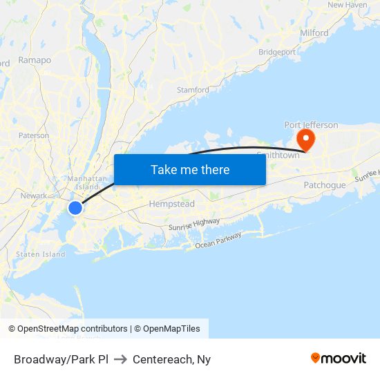 Broadway/Park Pl to Centereach, Ny map