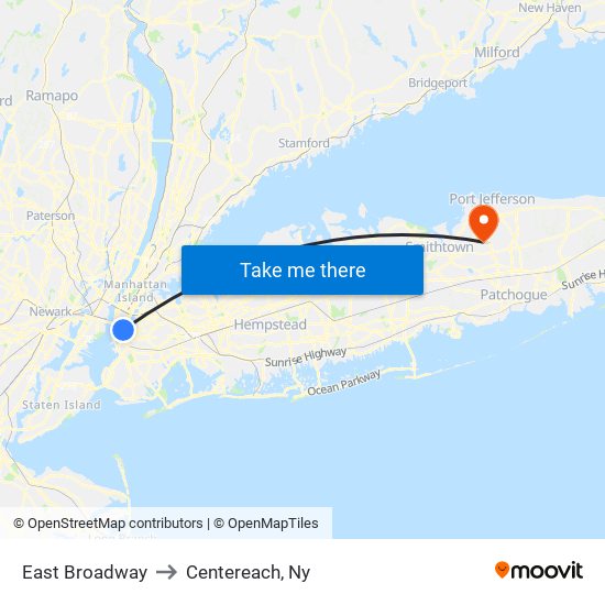East Broadway to Centereach, Ny map