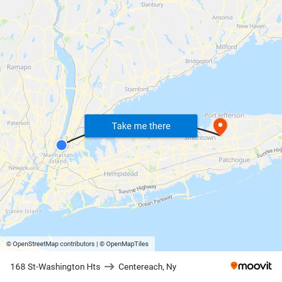 168 St-Washington Hts to Centereach, Ny map