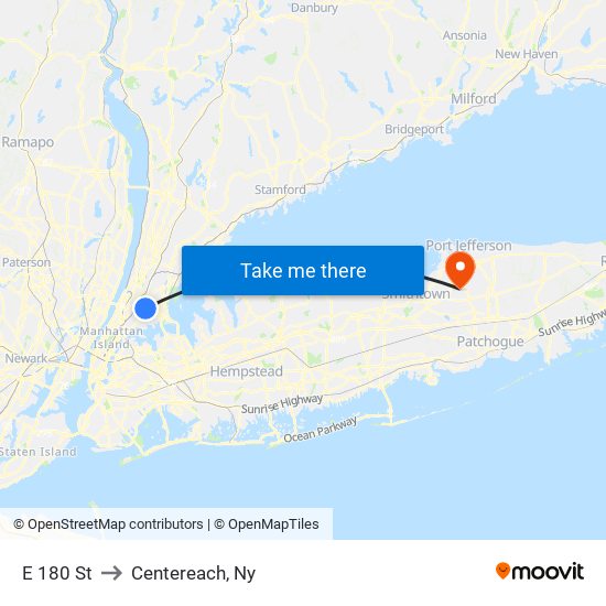 E 180 St to Centereach, Ny map