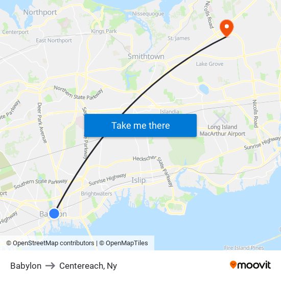 Babylon to Centereach, Ny map