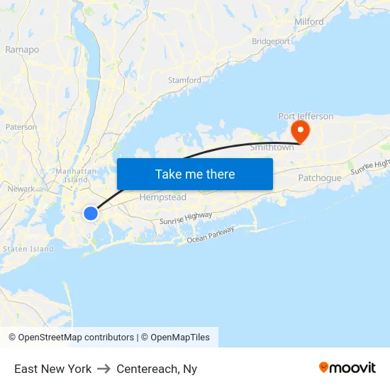 East New York to Centereach, Ny map