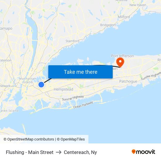 Flushing - Main Street to Centereach, Ny map