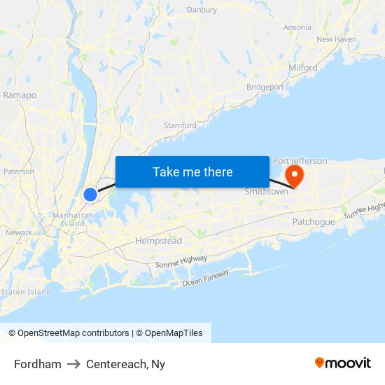Fordham to Centereach, Ny map