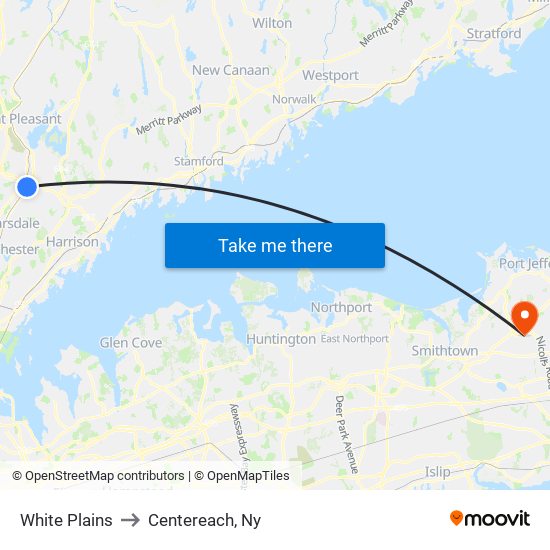 White Plains to Centereach, Ny map