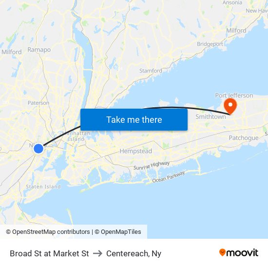 Broad St at Market St to Centereach, Ny map