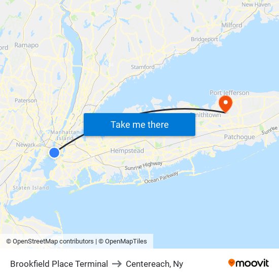 Brookfield Place Terminal to Centereach, Ny map