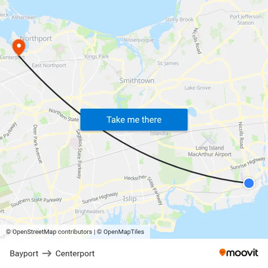 Bayport to Centerport map