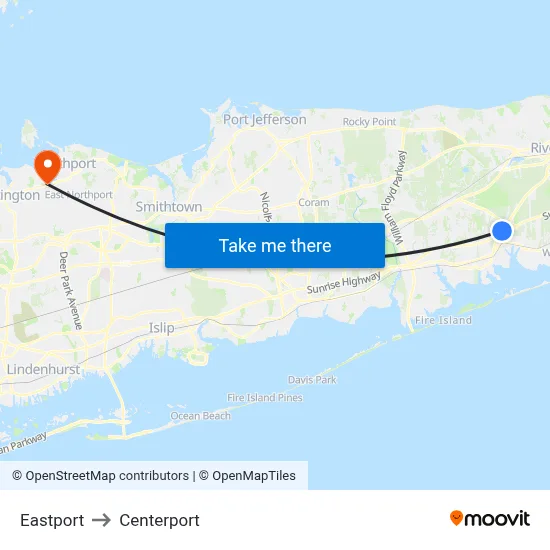 Eastport to Centerport map