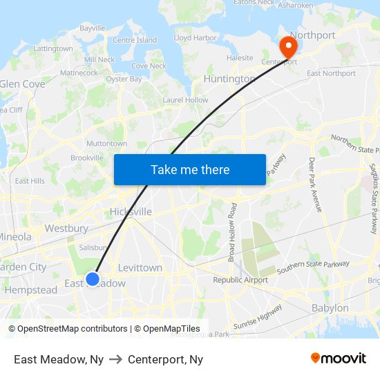 East Meadow, Ny to Centerport, Ny map