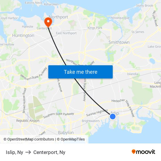 Islip, Ny to Centerport, Ny map