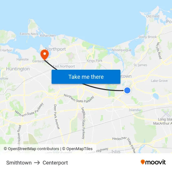 Smithtown to Centerport map