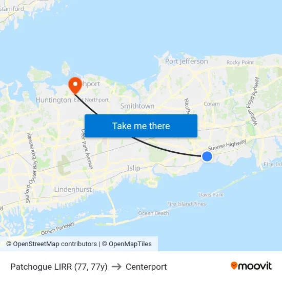 Patchogue LIRR (77, 77y) to Centerport map