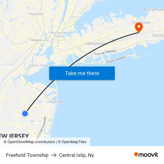 Freehold Township to Central Islip, Ny map