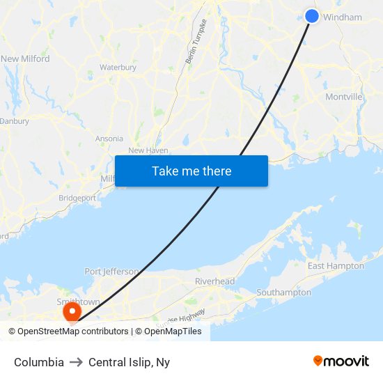 Columbia to Central Islip, Ny map