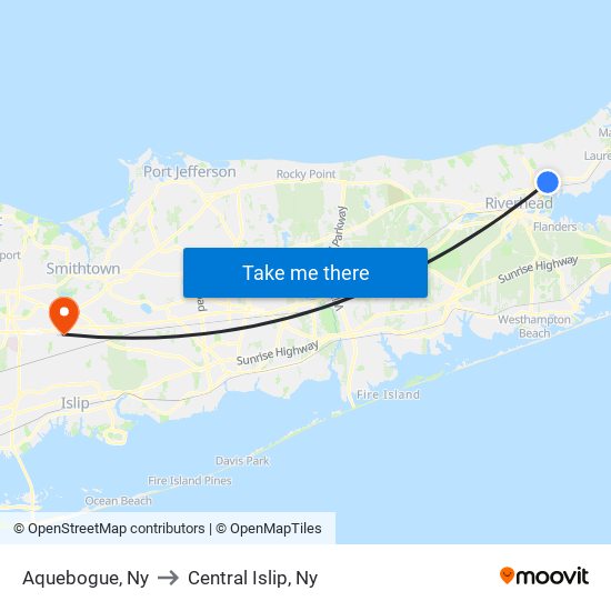 Aquebogue, Ny to Central Islip, Ny map