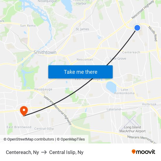Centereach, Ny to Central Islip, Ny map